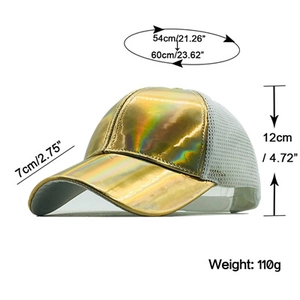 Detailed size specifications for laser PU mesh baseball cap with holographic finish