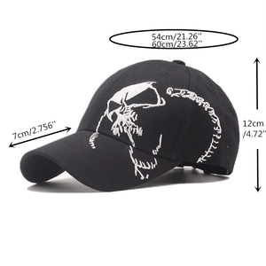 Size guide for black baseball cap with skull embroidery showing 54-60cm circumference
