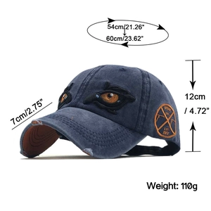 Detail view of washed cotton baseball cap with eye embroidery and adjustable size specs