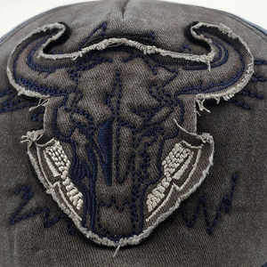Close-up of vintage longhorn skull embroidery and washed grey denim texture on baseball cap