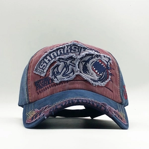 Close-up of vintage washed baseball cap featuring shark patch and distressed brim details
