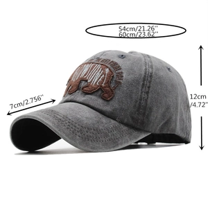 Détail de la casquette délavée grise avec broderie ours et dimensions du produit