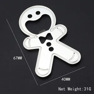 Gingerbread man shaped zinc alloy bottle opener keychain, 67x40mm size, polished finish