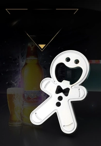 Zinc alloy gingerbread man bottle opener keychain with cartoon cutout design detail