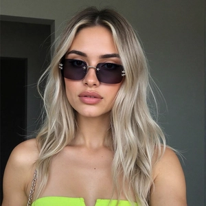 Lunettes De Soleil Sans Monture Mode Y2K Hip Hop Cadre En Métal Avec Décoration D'étoile Protection UV400 Accessoire Streetwear
