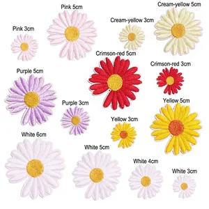 Detail of daisy embroidery patches in multiple colors and sizes for DIY accessories
