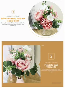 Detail of durable pink artificial peony and rose bouquet with flexible green stems