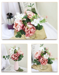 Detail of pink peonies and eucalyptus bridal bouquet in a pink ceramic vase