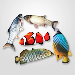Detailed macro view of five realistic plush fish toys for cats with 3D printed textures