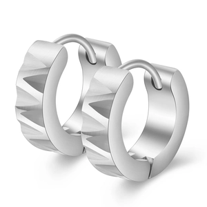 Macro detail of silver stainless steel earrings with geometric triangular cut textures