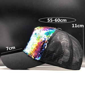 Detail view of rainbow sequin baseball cap with black mesh back and size measurements