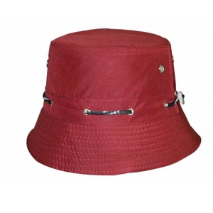 Detail of dark red water-resistant bucket hat with metal eyelets and SPORT drawstring
