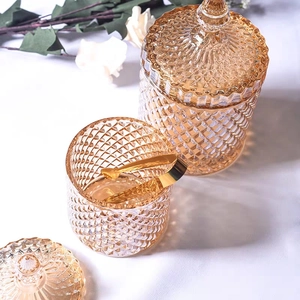 Diamond Embossed Glass Storage Jar With Lid Decorative Crystal Jewelry Candy Organizer Desktop Cosmetic Container Jar