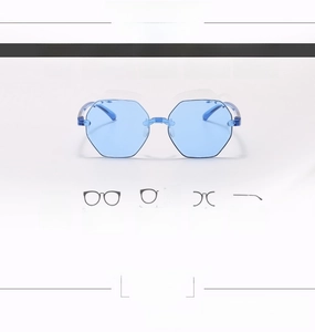 Size chart for rimless octagonal sunglasses showing PC frame dimensions and UV protection