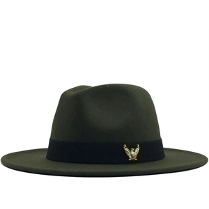 Fedora Hat Cashmere Wide Flat Brim Retro Gold Eagle Badge Decorative Ribbon Band Unisex Jazz Cap British Style Church Travel