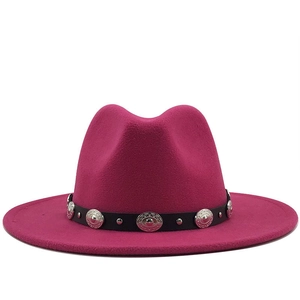 Magenta wool fedora hat with wide brim and vintage metal studded leather belt