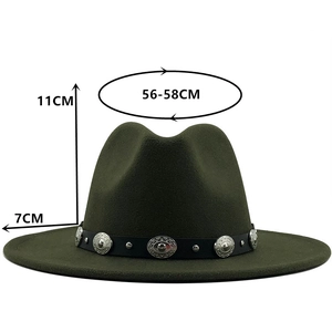 Olive green wool fedora with black leather belt and silver buckles on white background