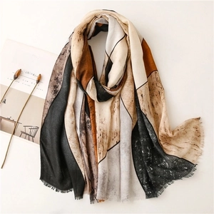 Summer cotton linen feel scarf with abstract ink geometric patterns and frayed edges