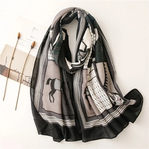 Vintage horse print cotton linen scarf shawl with geometric frame design in earth tones