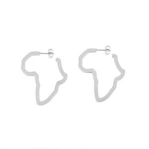 Detailed close-up of polished silver Africa map earrings with secure butterfly backings