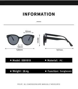 Detailed size chart for round frame sunglasses showing lens width and arm length specs