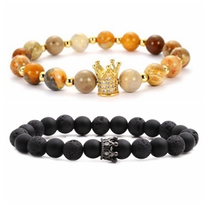 Tiger eye and matte lava stone bead bracelet set with crown charms for couples
