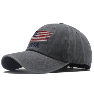 Washed grey vintage cotton baseball cap with USA flag embroidery and six-panel design