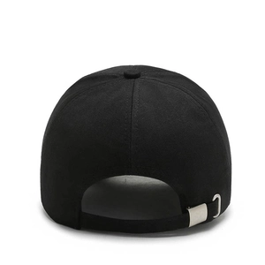 Rear view of black cotton baseball cap with adjustable silver metal buckle and ring