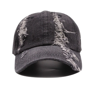 Distressed dark gray washed cotton denim baseball cap with frayed hole details
