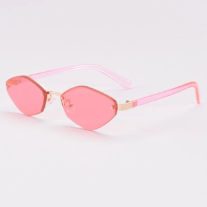Occhiali da sole rosa a cuore senza montatura con elegante ponte e stanghette d'oro