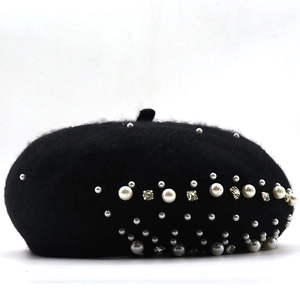 Women Wool Felt Beret Hat With Faux Artificial Pearls And Rhinestones Warm Elegant Vintage French Style Painter Cap For Winter