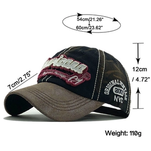 Detail view of vintage washed baseball cap with adjustable size 54-60cm and 7cm brim