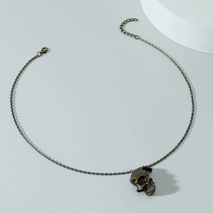 Retro bronze half-skull pendant necklace for men with gothic rock style metal chain