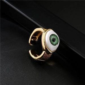 18K gold plated evil eye adjustable ring with green eye and matte textured finish