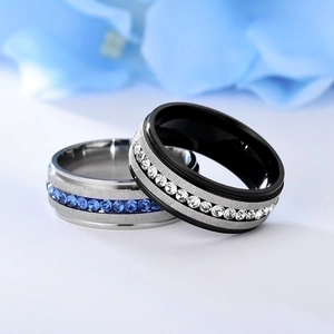 Titanium steel rhinestone rings for couples in silver and black with blue accent