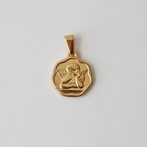 Close-up of 18k gold plated stainless steel pendant featuring Raphael angel relief