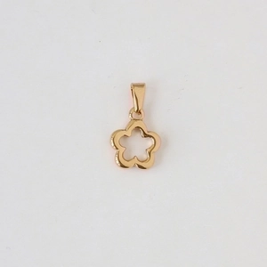 Detailed close-up of a hollow gold flower pendant in stainless steel with a top hanging loop