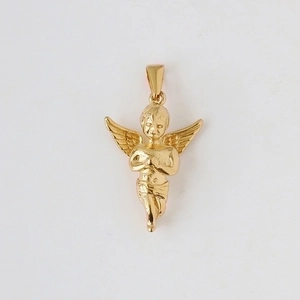 Detailed close-up of a 18k gold-plated stainless steel angel pendant in prayer pose