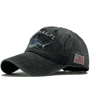 Vintage dark gray washed cotton baseball cap with blue shark and American flag embroidery