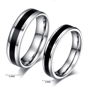 Stainless Steel Minimalist Band Ring With Black Enamel Center Line Polished Silver Finish Trendy Unisex Jewelry Finger Ring Gift