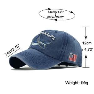 Detail showing embroidered shark patch and USA flag on washed denim baseball cap