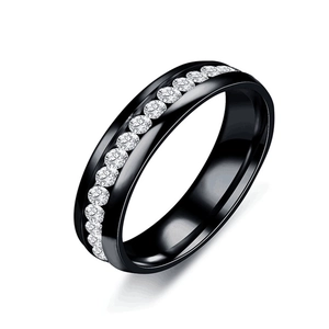 Minimalist black titanium eternity ring with a full circle of white cubic zirconia stones