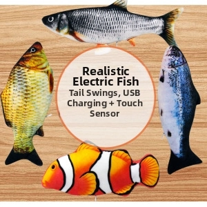 Macro detail of electric wagging fish toy showing the soft plush fabric and USB charging port