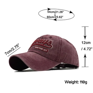 Detailed size chart of vintage washed cotton baseball cap with 3D embroidery measurements