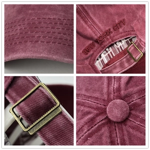 Wine red corduroy New York City baseball cap featuring vintage bronze buckle and embroidery