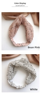Detail display of hollow knit headbands in dusty pink and white lace embroidery styles