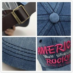 Vintage washed denim baseball cap with leather strap and pink America embroidery detail