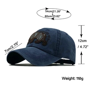 Detail view of washed cotton baseball cap with size specs and bear embroidery