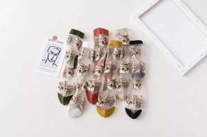 Detail of sheer mesh crew socks featuring cute cat patterns and ribbed cotton cuffs