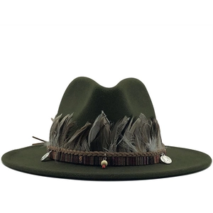 Classic olive green wide brim wool fedora hat with ethnic feathers and woven band